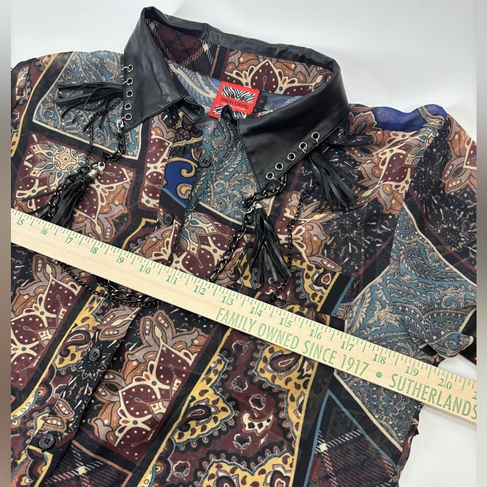 Vtg Simon Chang Collection patchwork print shirt with chains tassels 6 - Picture 14 of 16